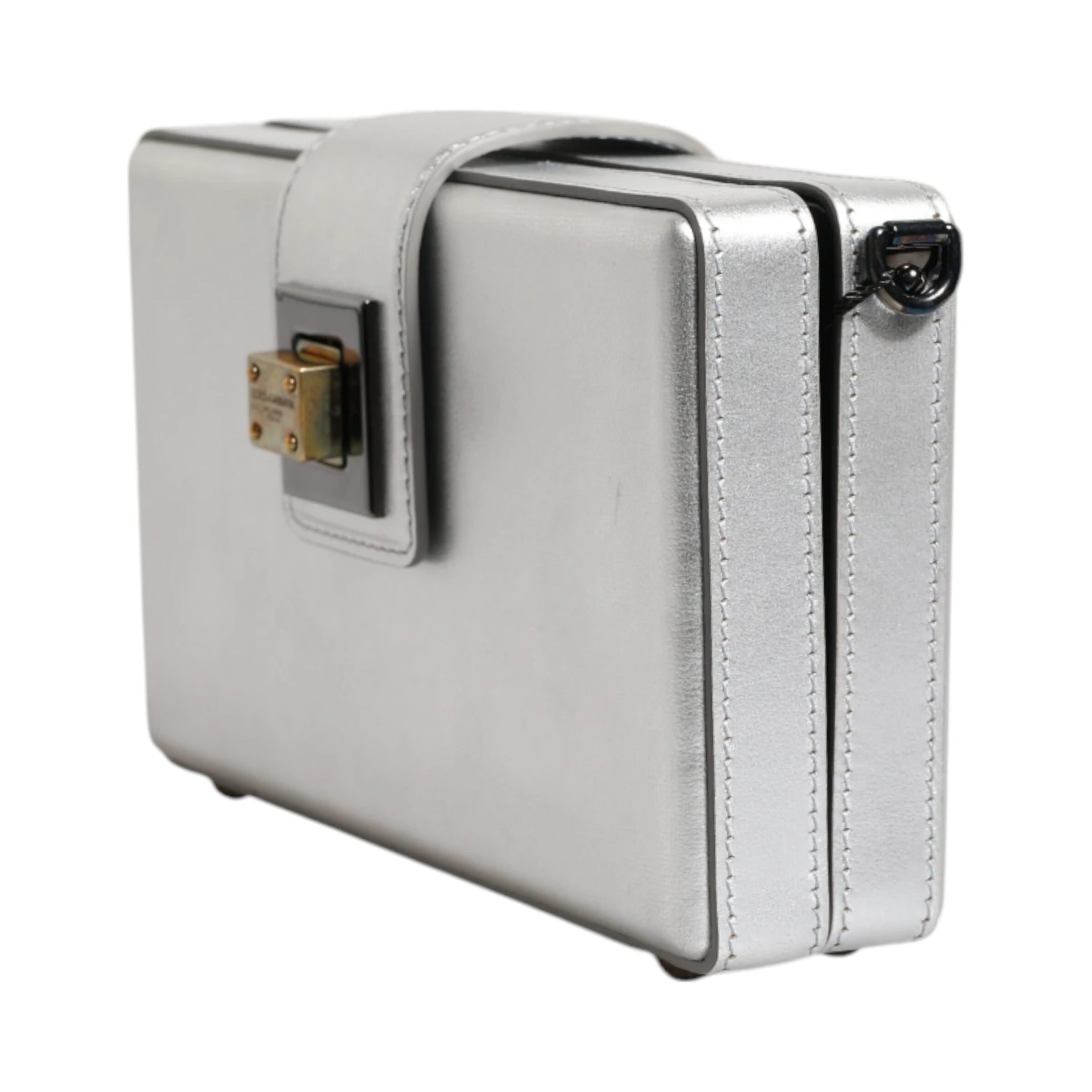 Metallic Silver DG BOX Leather Shoulder Strap Bag