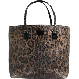 Brown Black Calfskin Leopard Print Shoulder Tote Bag
