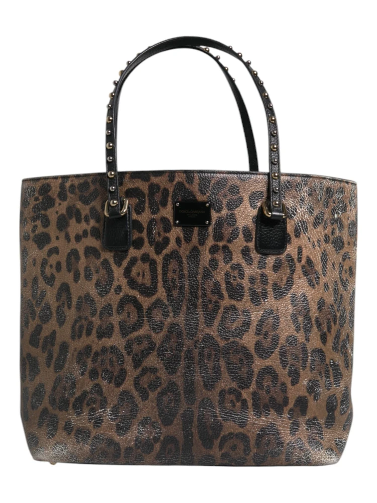Brown Black Calfskin Leopard Print Shoulder Tote Bag