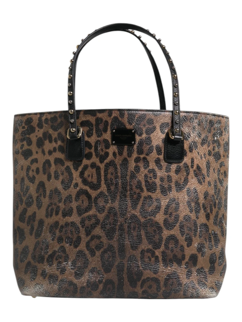 Brown Black Calfskin Leopard Print Shoulder Tote Bag