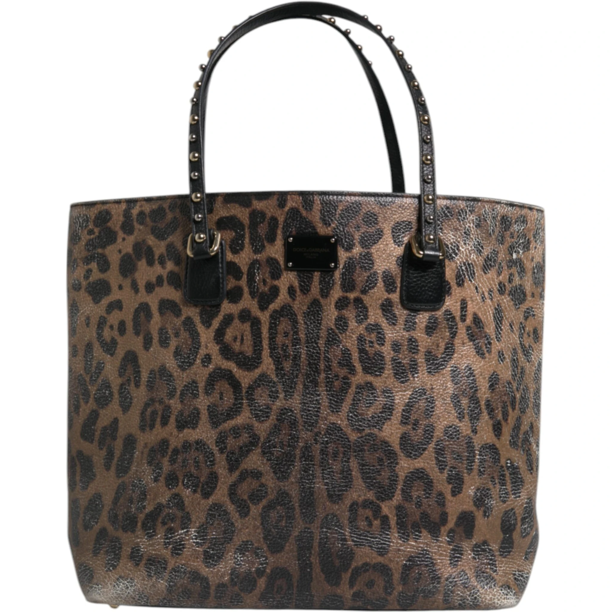 Brown Black Calfskin Leopard Print Shoulder Tote Bag