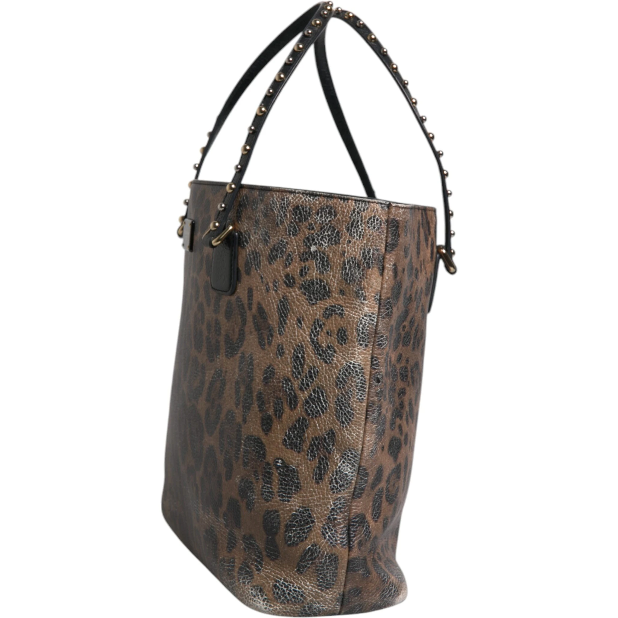Brown Black Calfskin Leopard Print Shoulder Tote Bag
