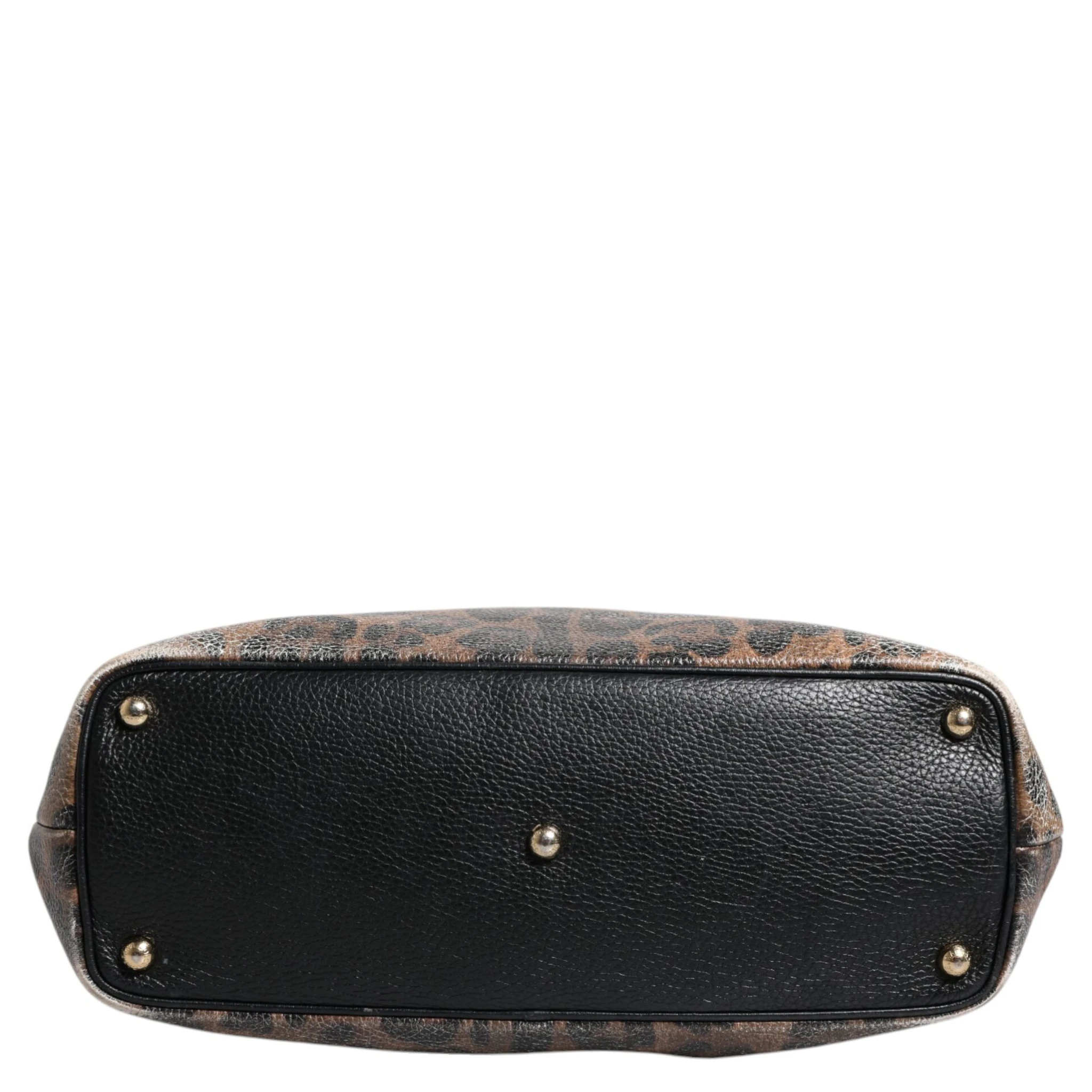 Brown Black Calfskin Leopard Print Shoulder Tote Bag