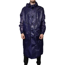 Dark Blue Cotton Hooded Men Raincoat Jacket
