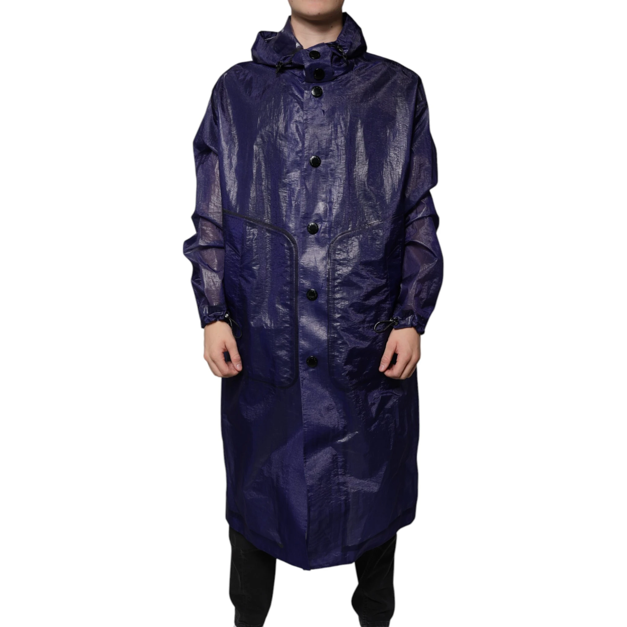 Dark Blue Cotton Hooded Men Raincoat Jacket