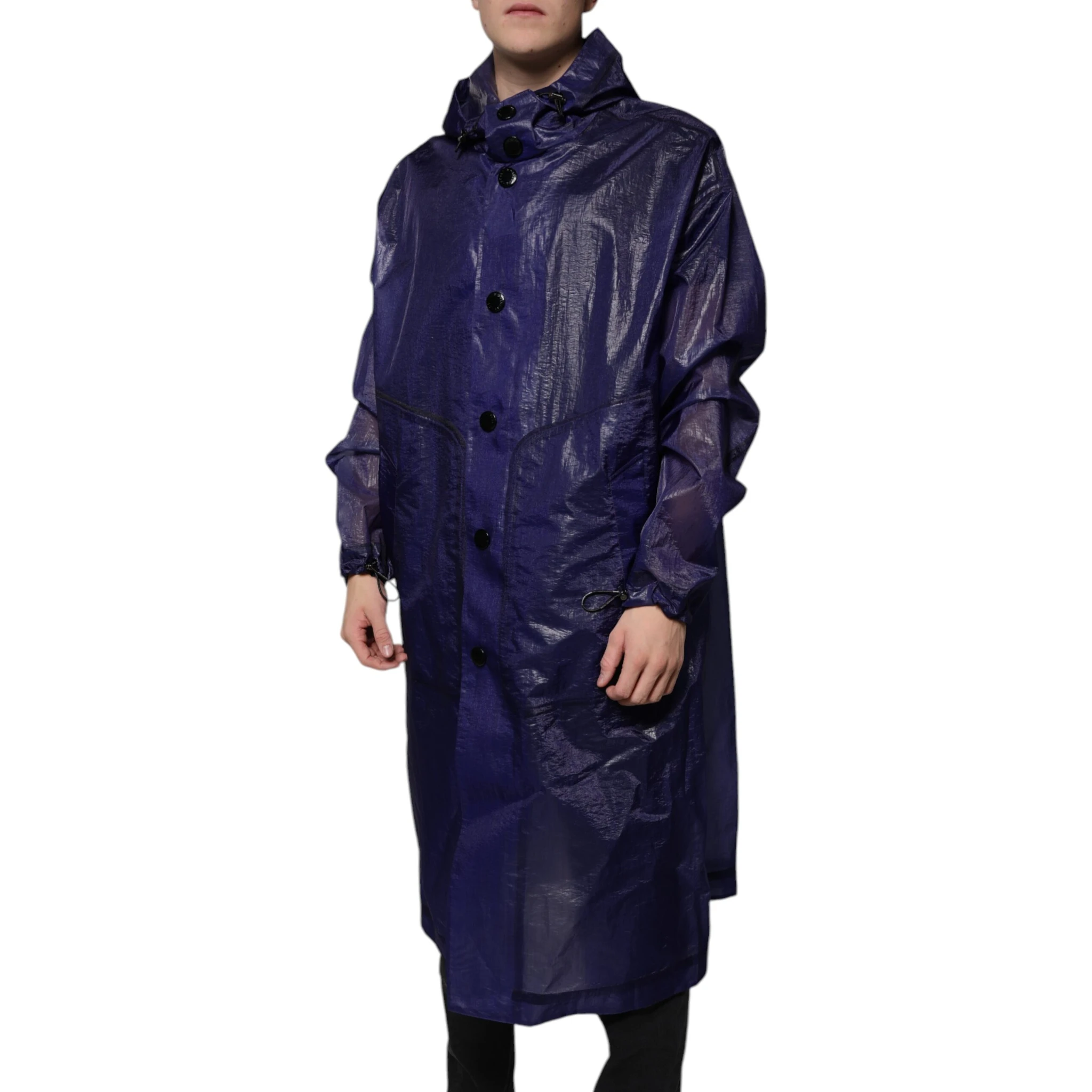 Dark Blue Cotton Hooded Men Raincoat Jacket