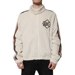 Beige Logo Applique Cotton Corduroy Full Zip Jacket