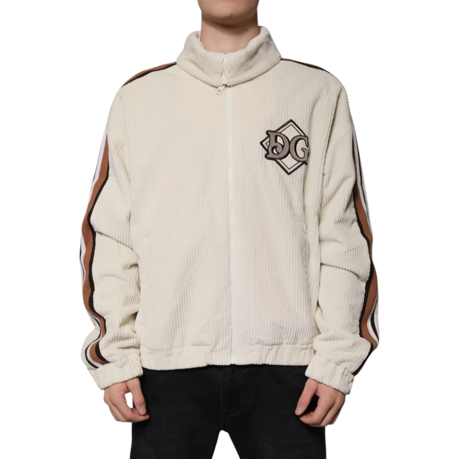 Beige Logo Applique Cotton Corduroy Full Zip Jacket