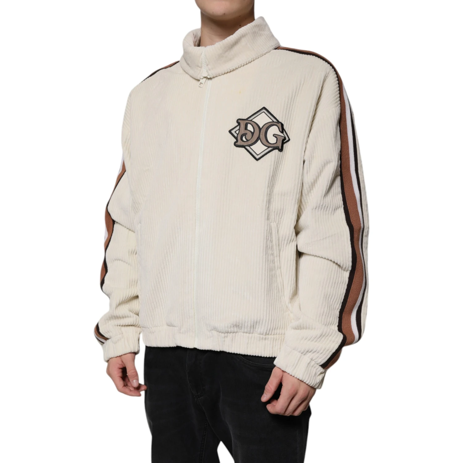 Beige Logo Applique Cotton Corduroy Full Zip Jacket