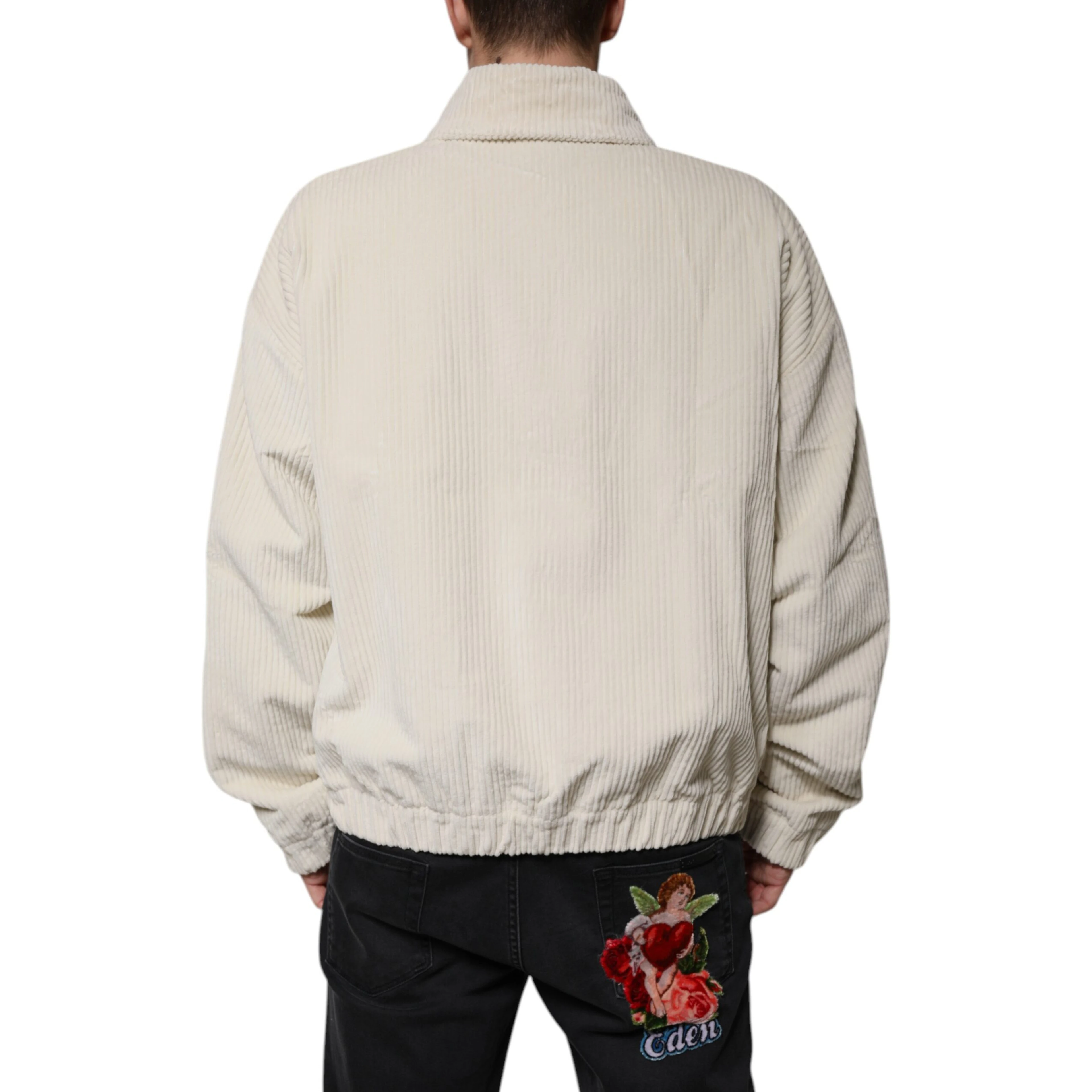 Beige Logo Applique Cotton Corduroy Full Zip Jacket