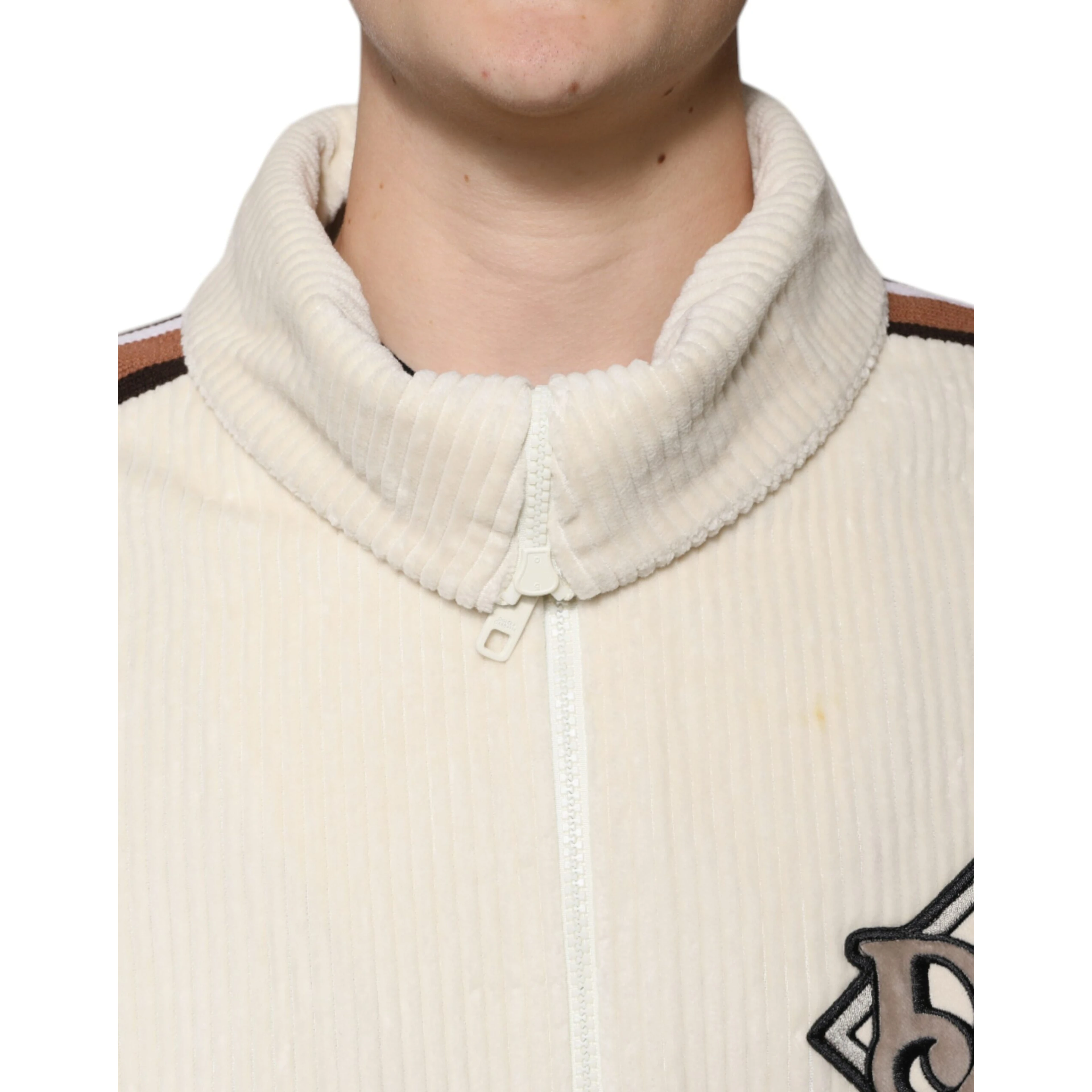 Beige Logo Applique Cotton Corduroy Full Zip Jacket