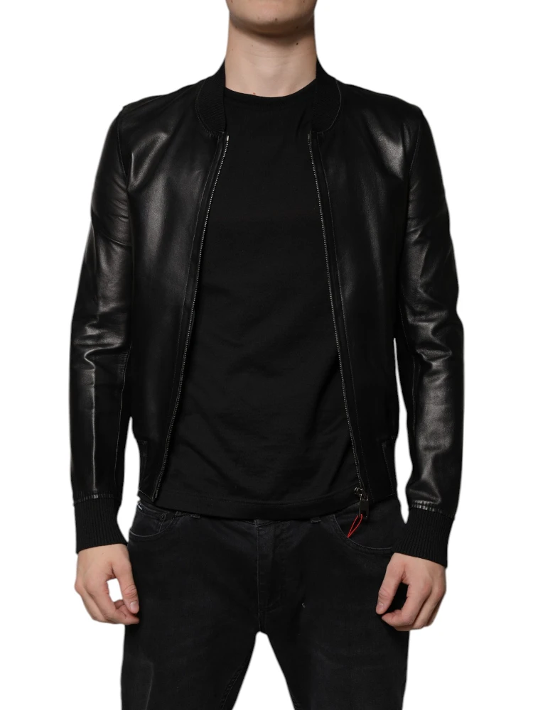 Black Lambskin Full Zip Biker Blouson Jacket
