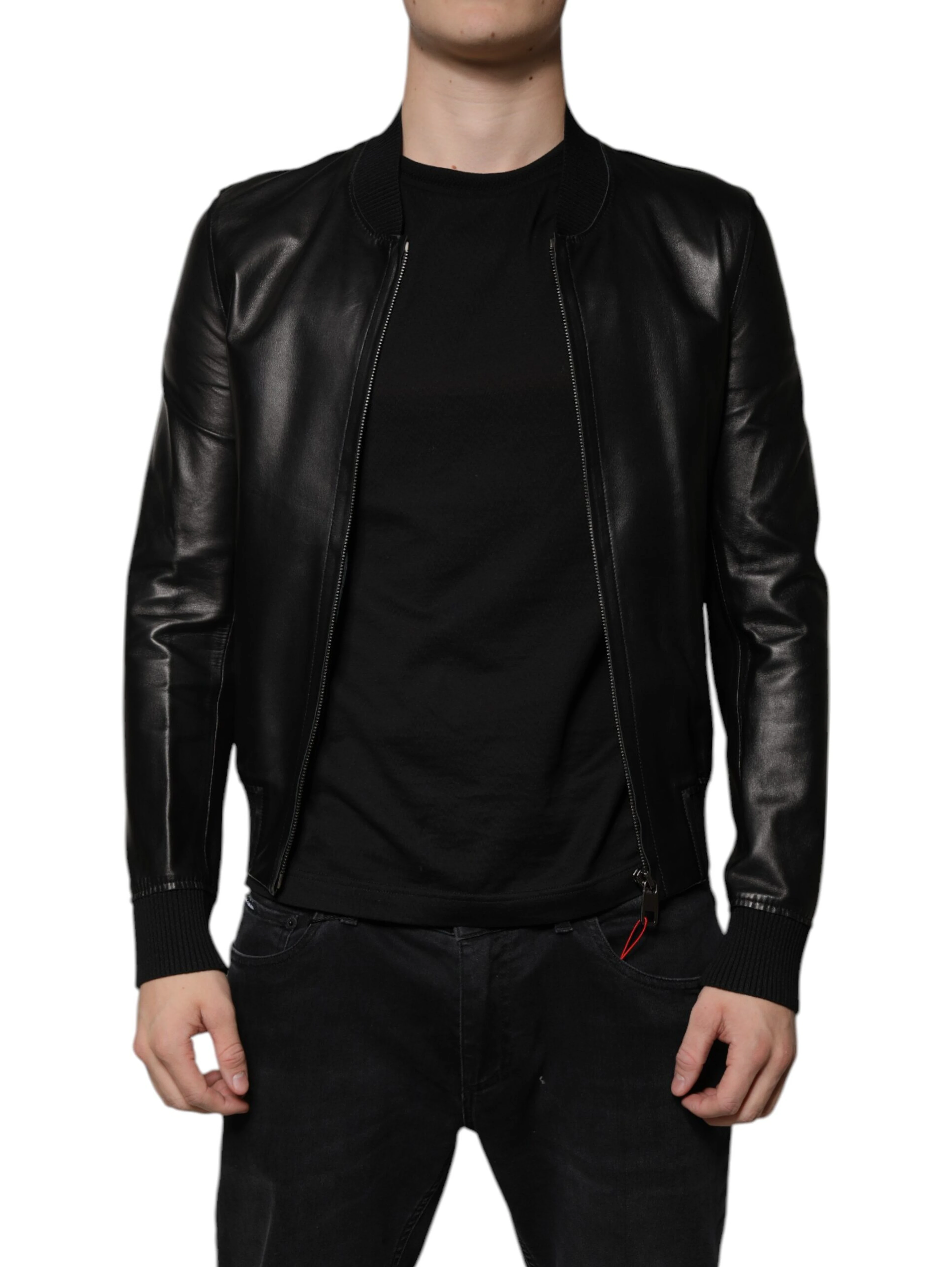 Black Lambskin Full Zip Biker Blouson Jacket