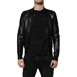 Black Lambskin Full Zip Biker Blouson Jacket