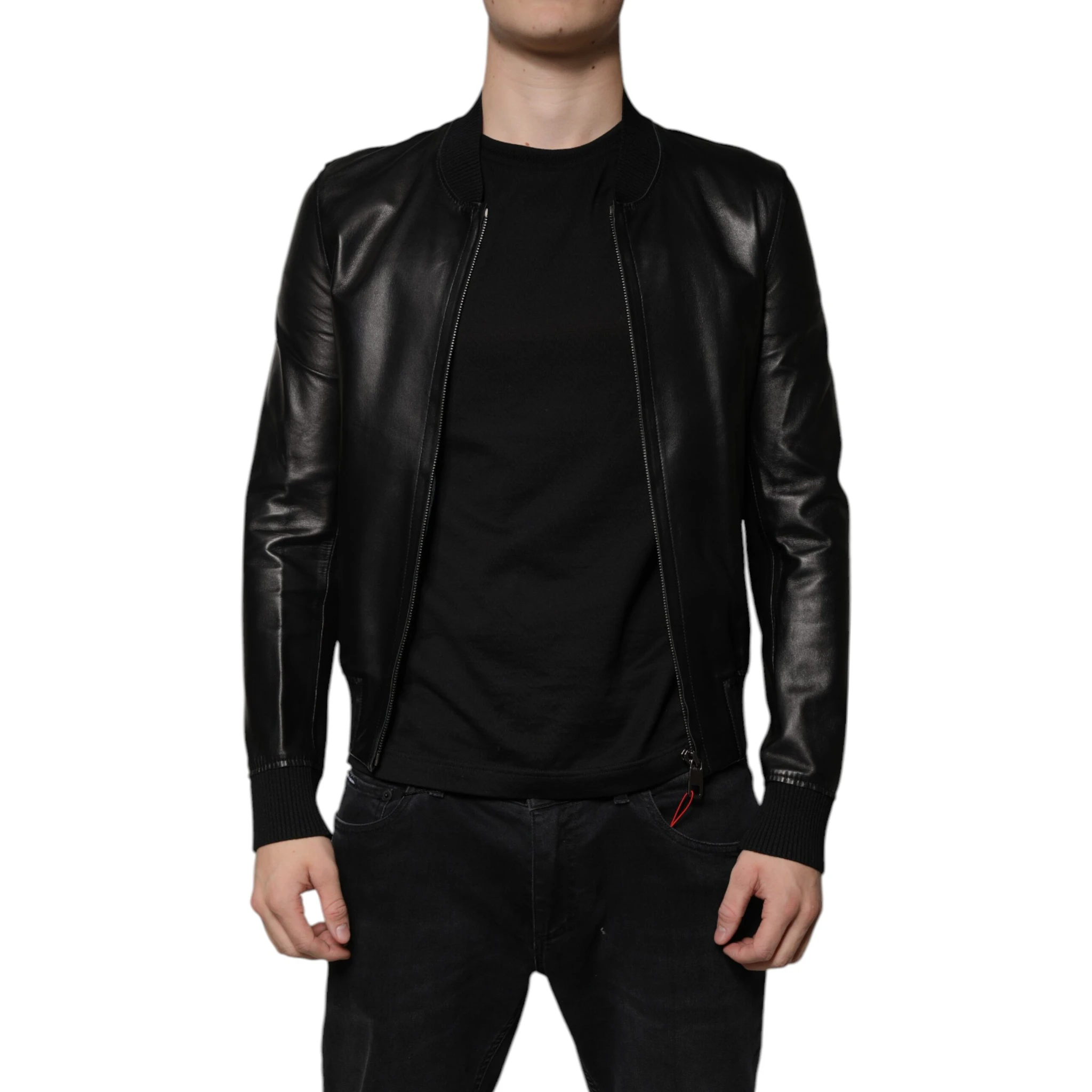 Black Lambskin Full Zip Biker Blouson Jacket