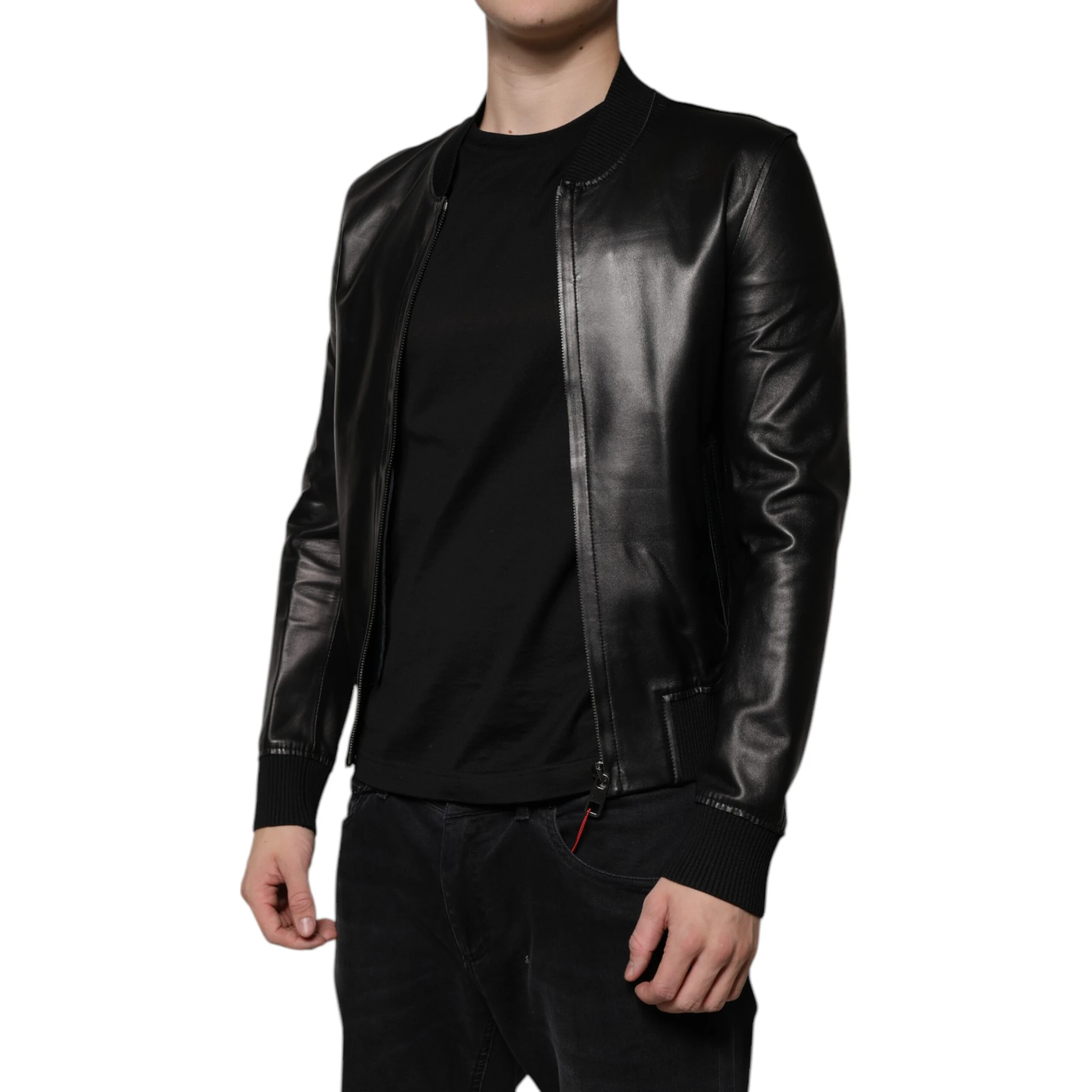 Black Lambskin Full Zip Biker Blouson Jacket