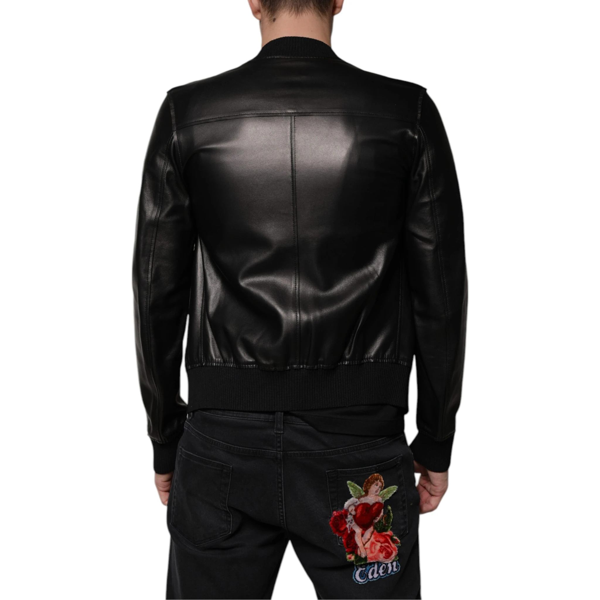 Black Lambskin Full Zip Biker Blouson Jacket