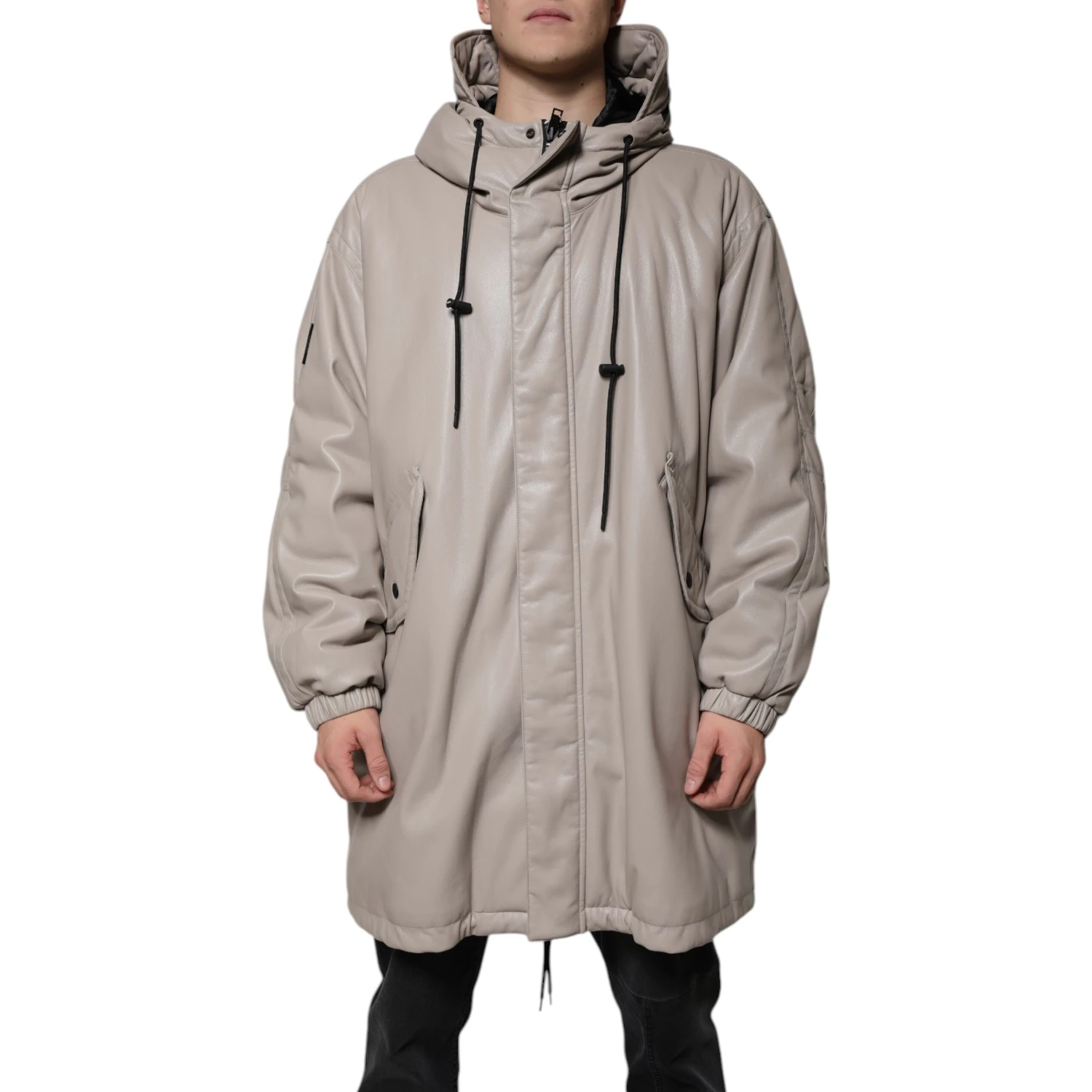 Beige Full Zip Hooded Long Sleeves Casual Coat Jacket