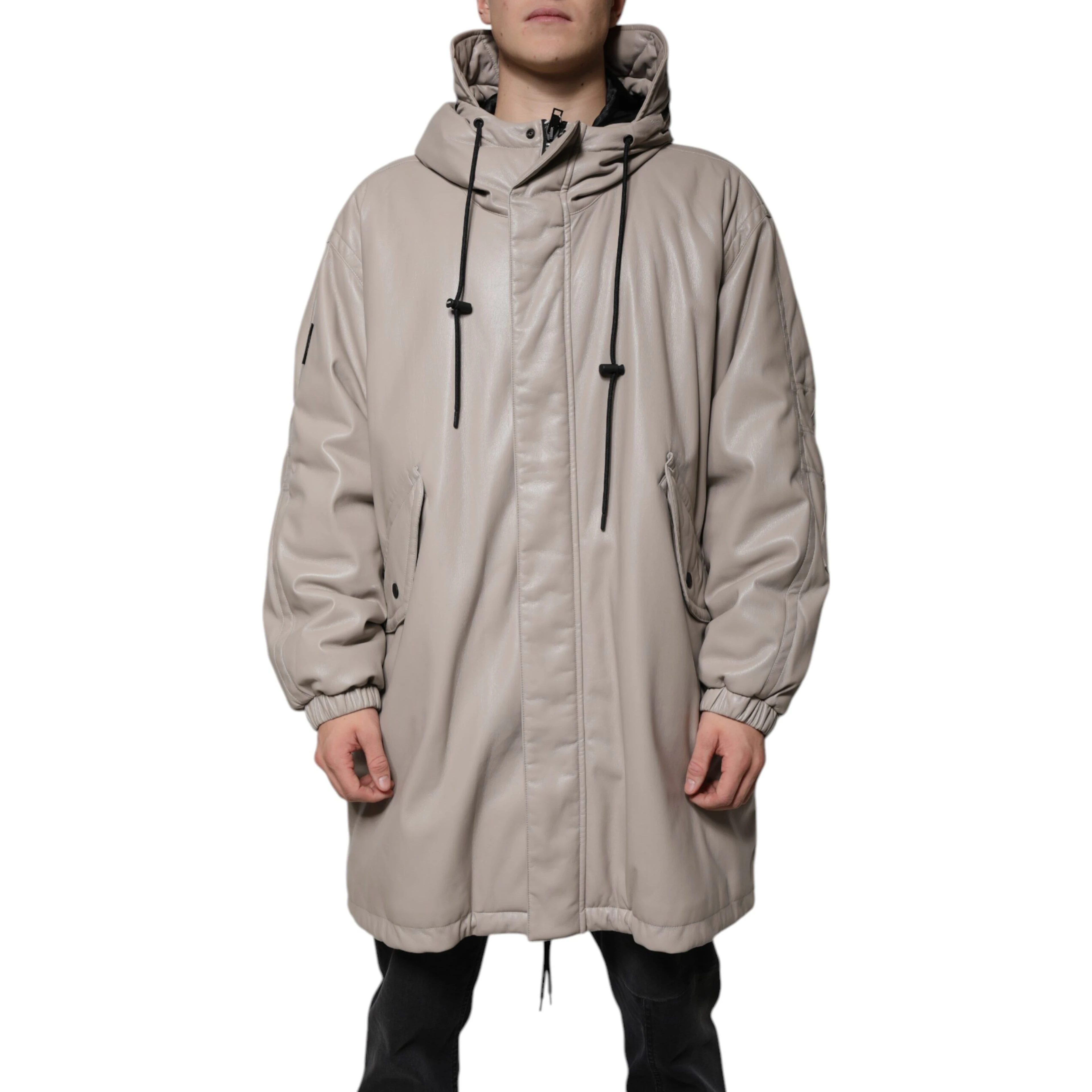 Beige Full Zip Hooded Long Sleeves Casual Coat Jacket