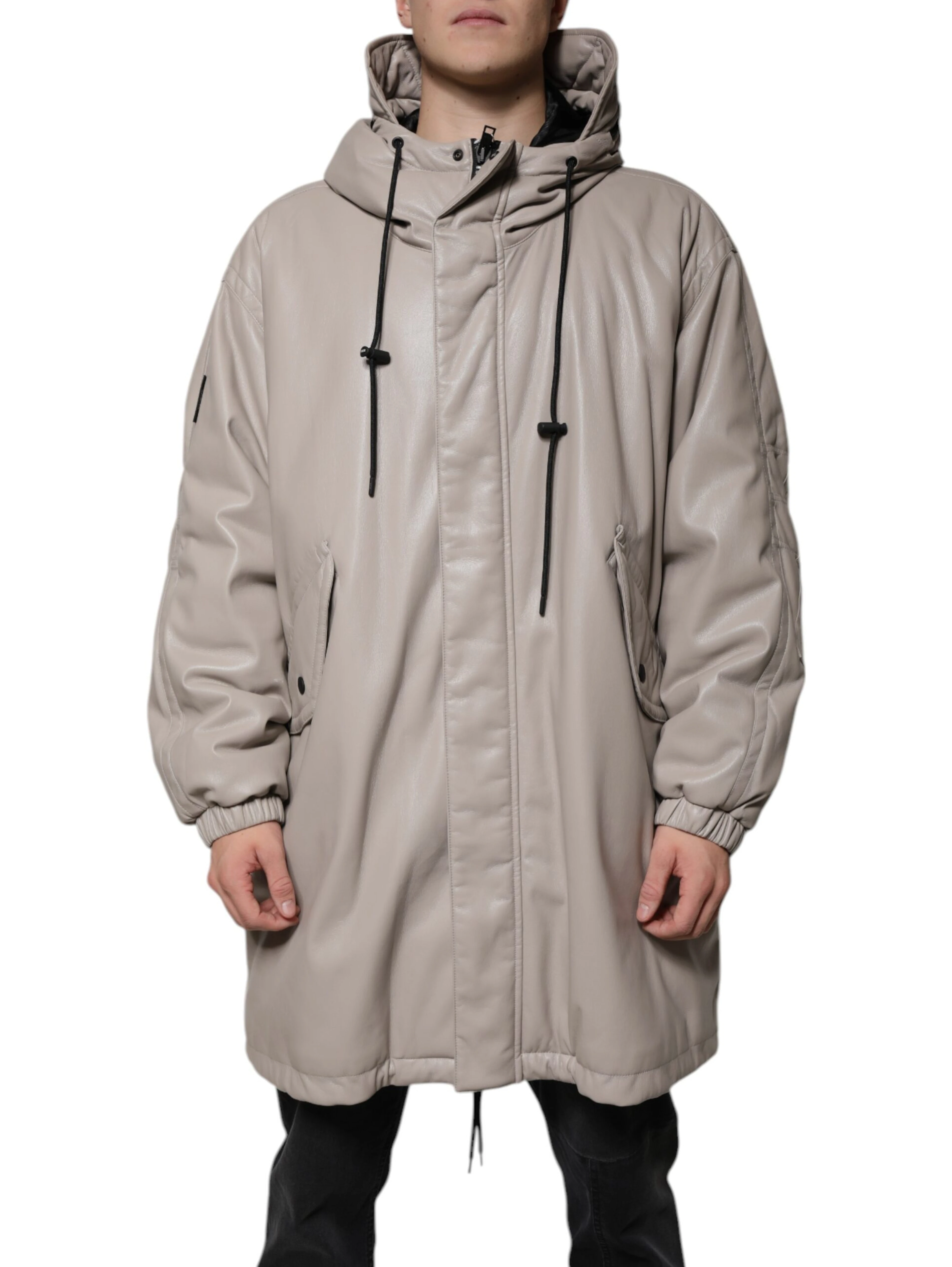 Beige Full Zip Hooded Long Sleeves Casual Coat Jacket