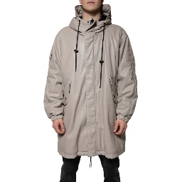 Beige Full Zip Hooded Long Sleeves Casual Coat Jacket