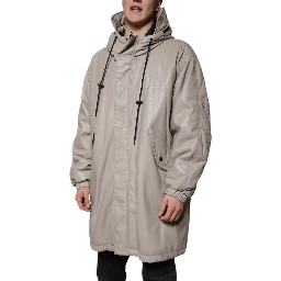 Beige Full Zip Hooded Long Sleeves Casual Coat Jacket