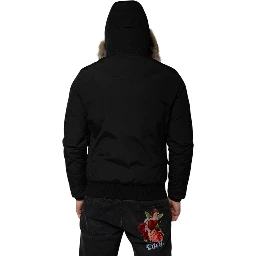Black Hooded Long Sleeves Fur Shearling Coat Jacket