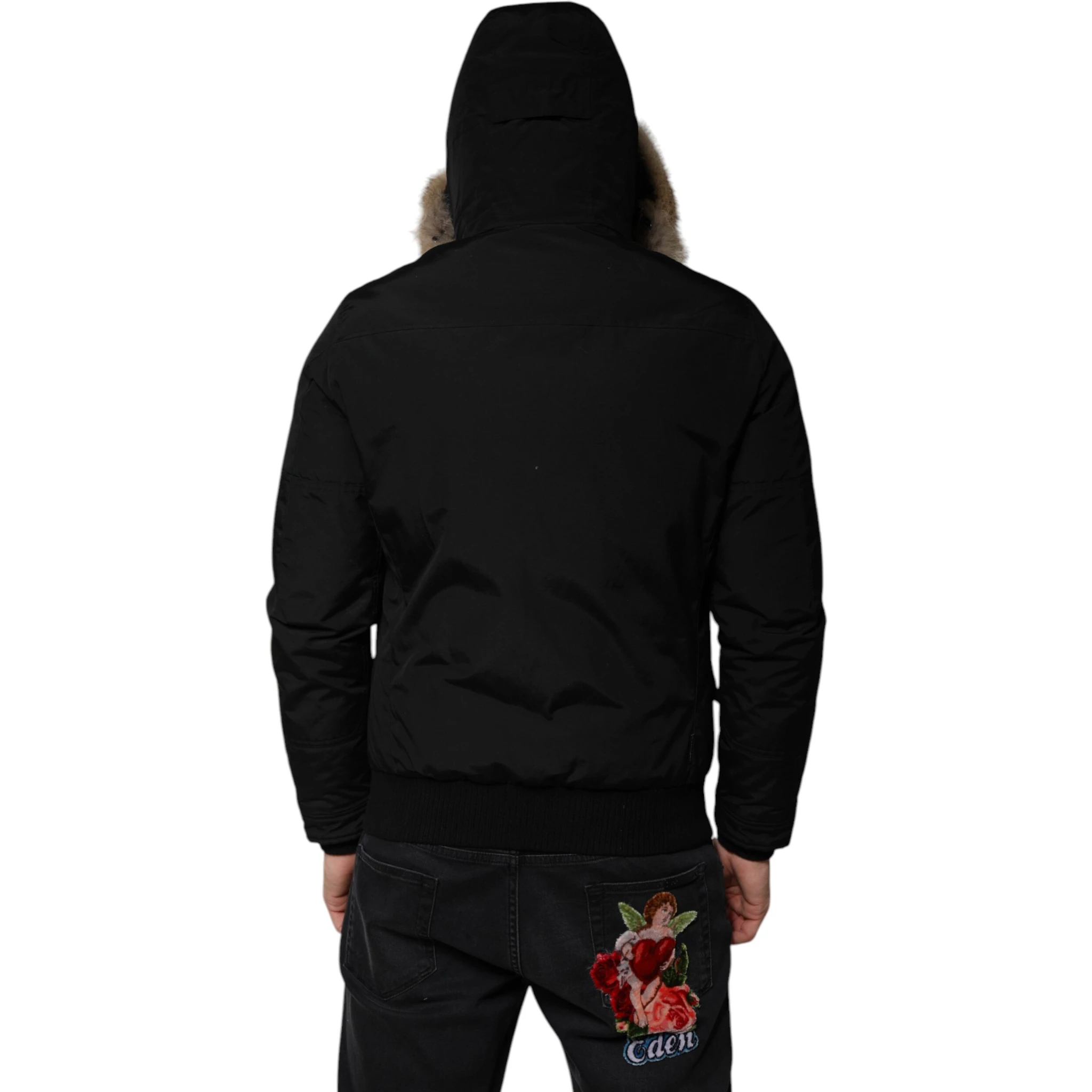 Black Hooded Long Sleeves Fur Shearling Coat Jacket