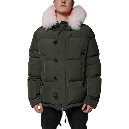 Green Hooded Long Sleeves Fur Shearling Jacket