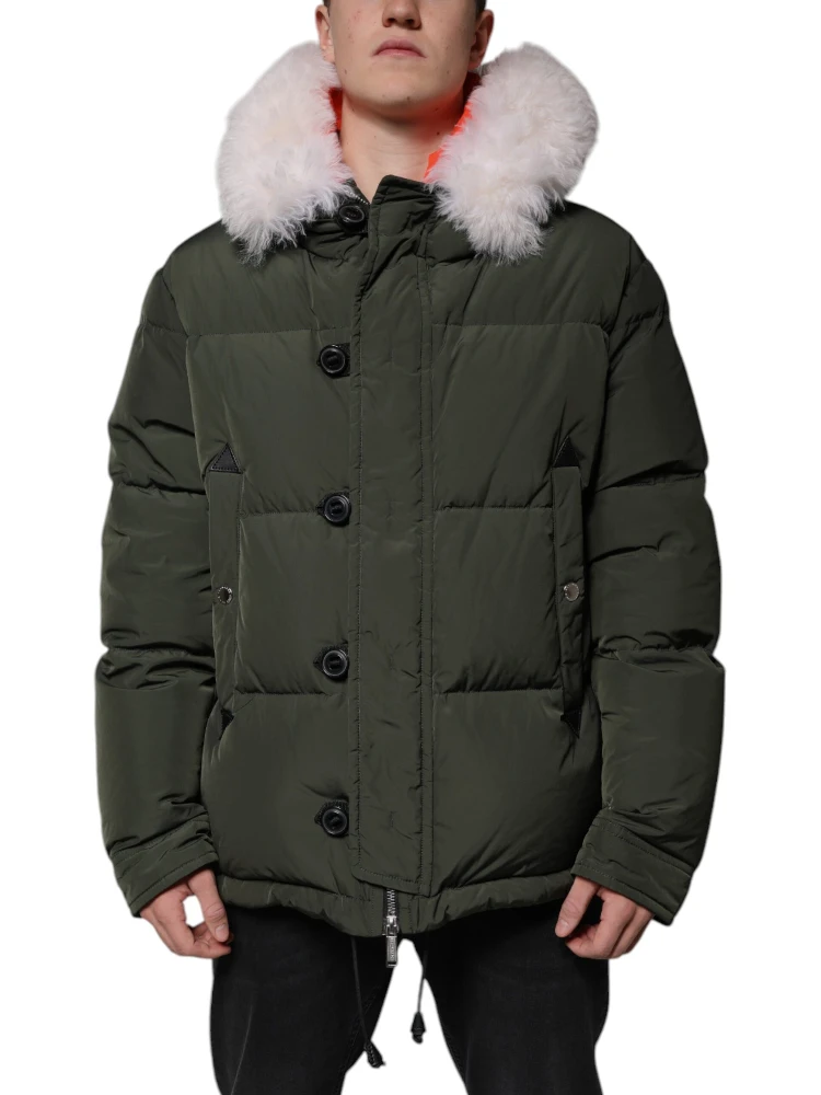 Green Hooded Long Sleeves Fur Shearling Jacket