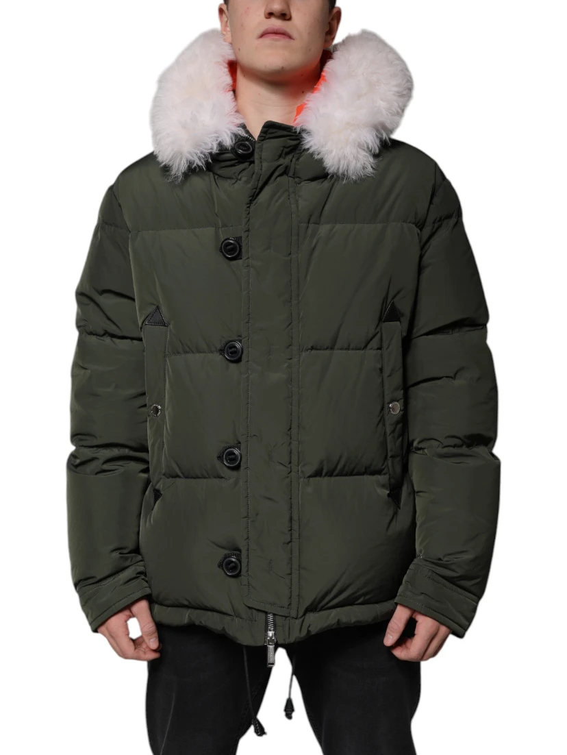 Green Hooded Long Sleeves Fur Shearling Jacket