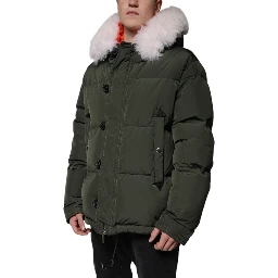 Green Hooded Long Sleeves Fur Shearling Jacket