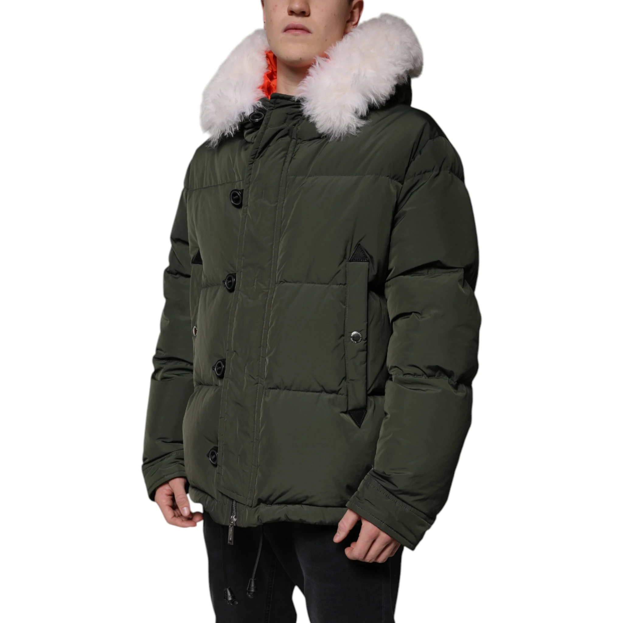 Green Hooded Long Sleeves Fur Shearling Jacket