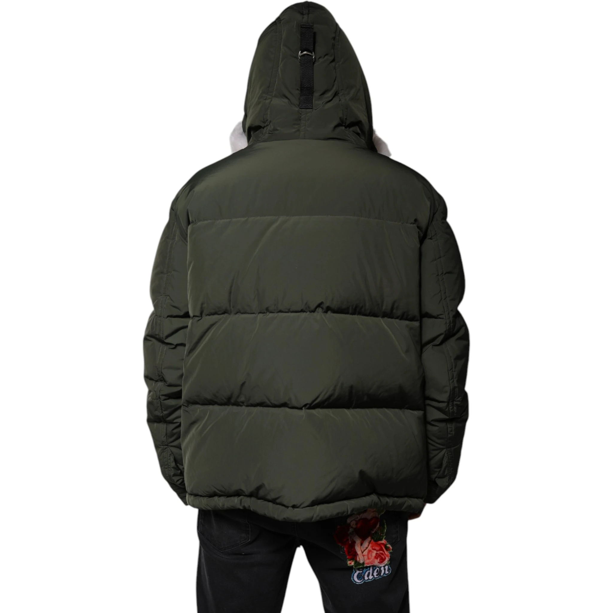 Green Hooded Long Sleeves Fur Shearling Jacket