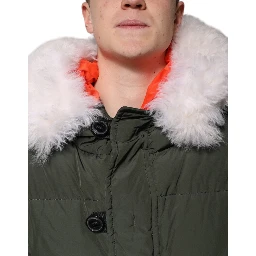 Green Hooded Long Sleeves Fur Shearling Jacket