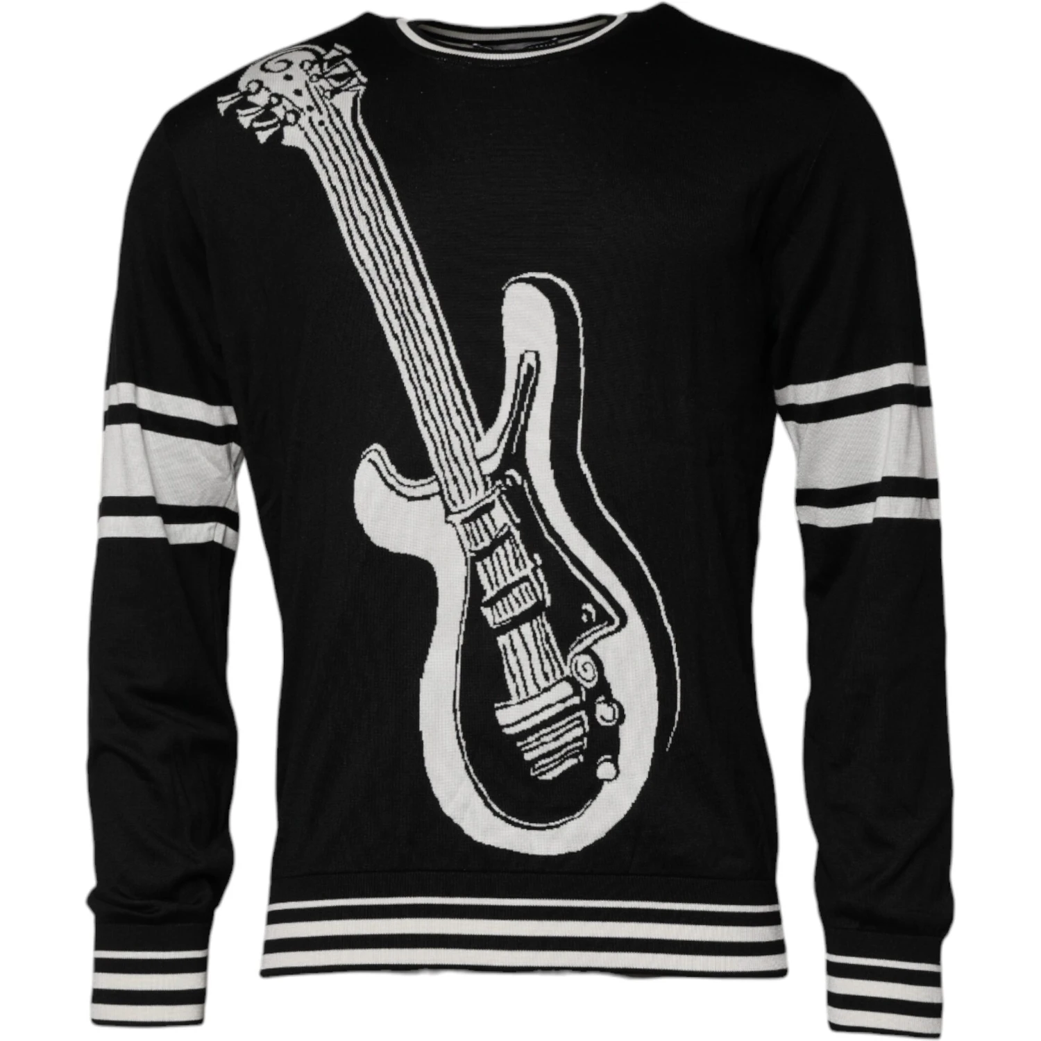 Black White Guitar Silk Crew Neck Sweater