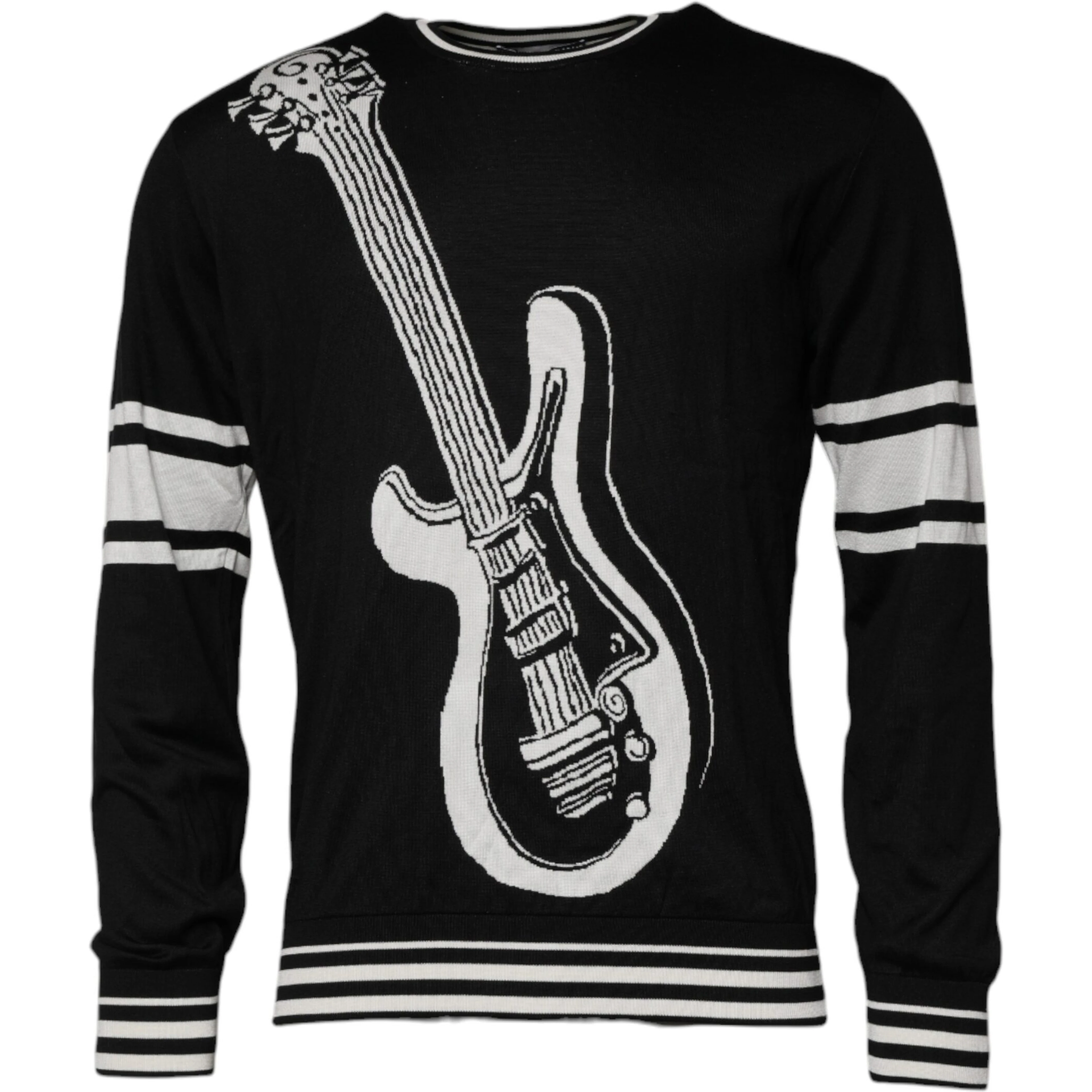 Black White Guitar Silk Crew Neck Sweater