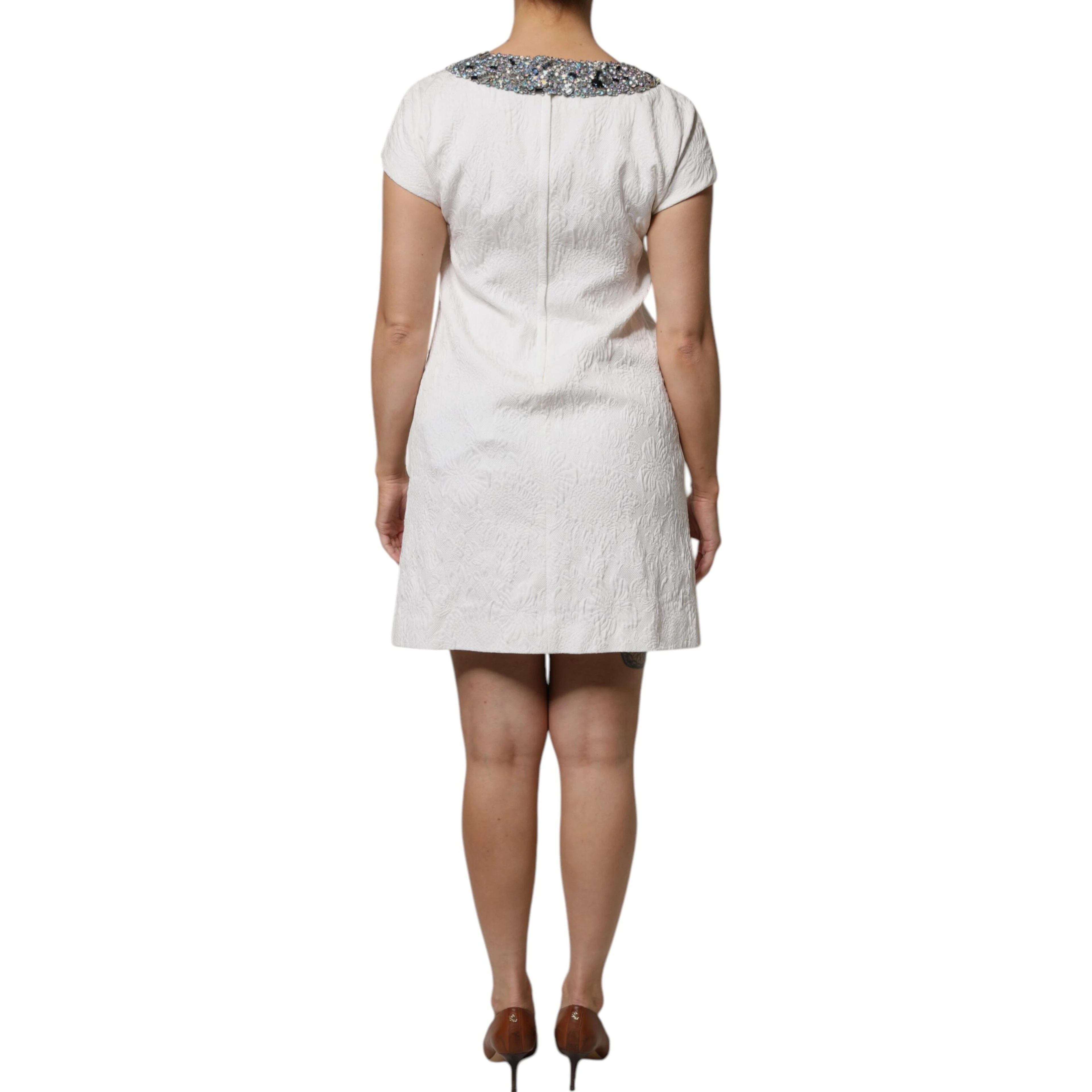 White Crystal Embellished Jacquard Brocade Mini Dress