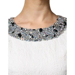White Crystal Embellished Jacquard Brocade Mini Dress
