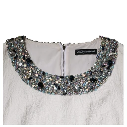 White Crystal Embellished Jacquard Brocade Mini Dress
