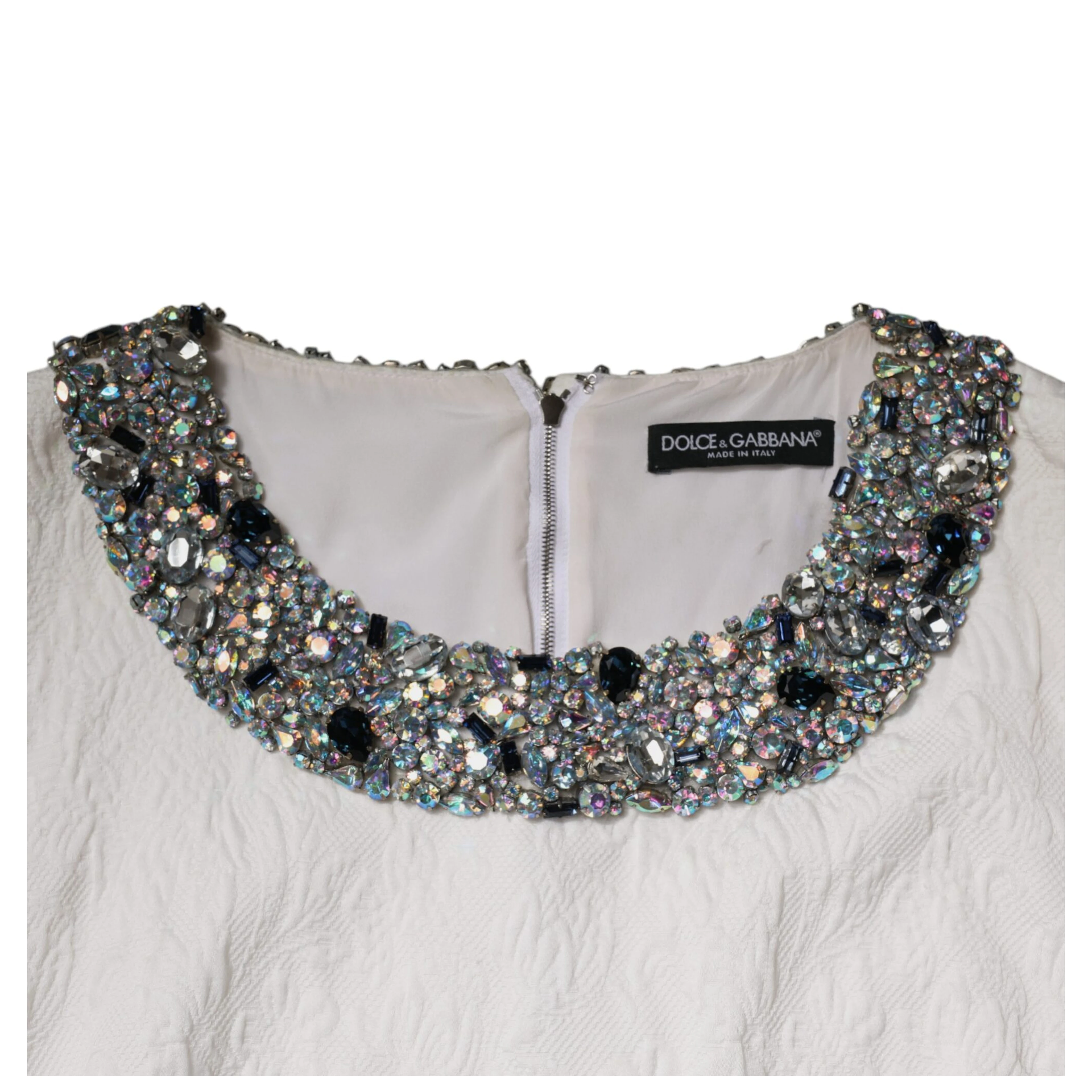 White Crystal Embellished Jacquard Brocade Mini Dress