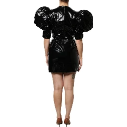 Black Patent Leather Puff Sleeves Mini Dress