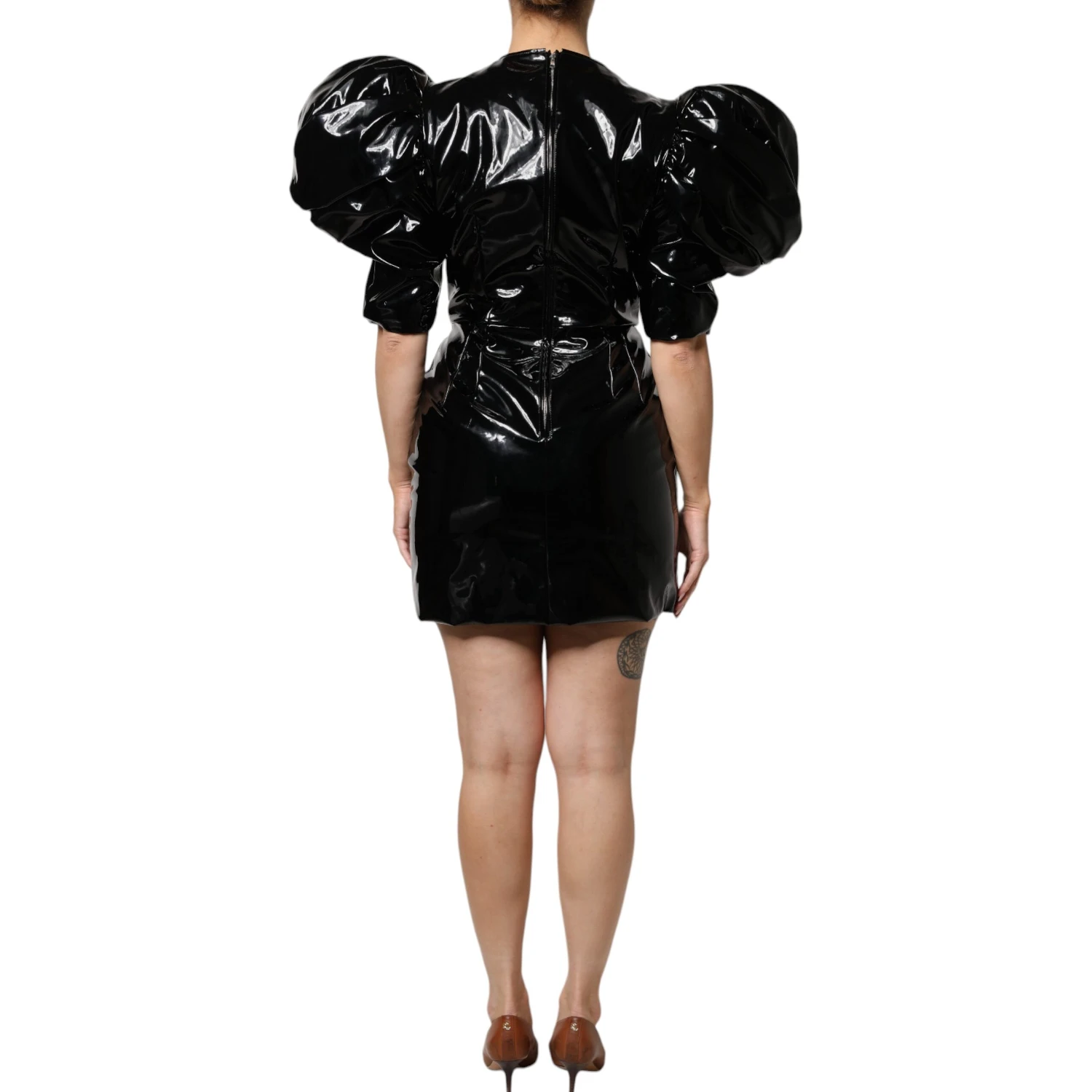 Black Patent Leather Puff Sleeves Mini Dress