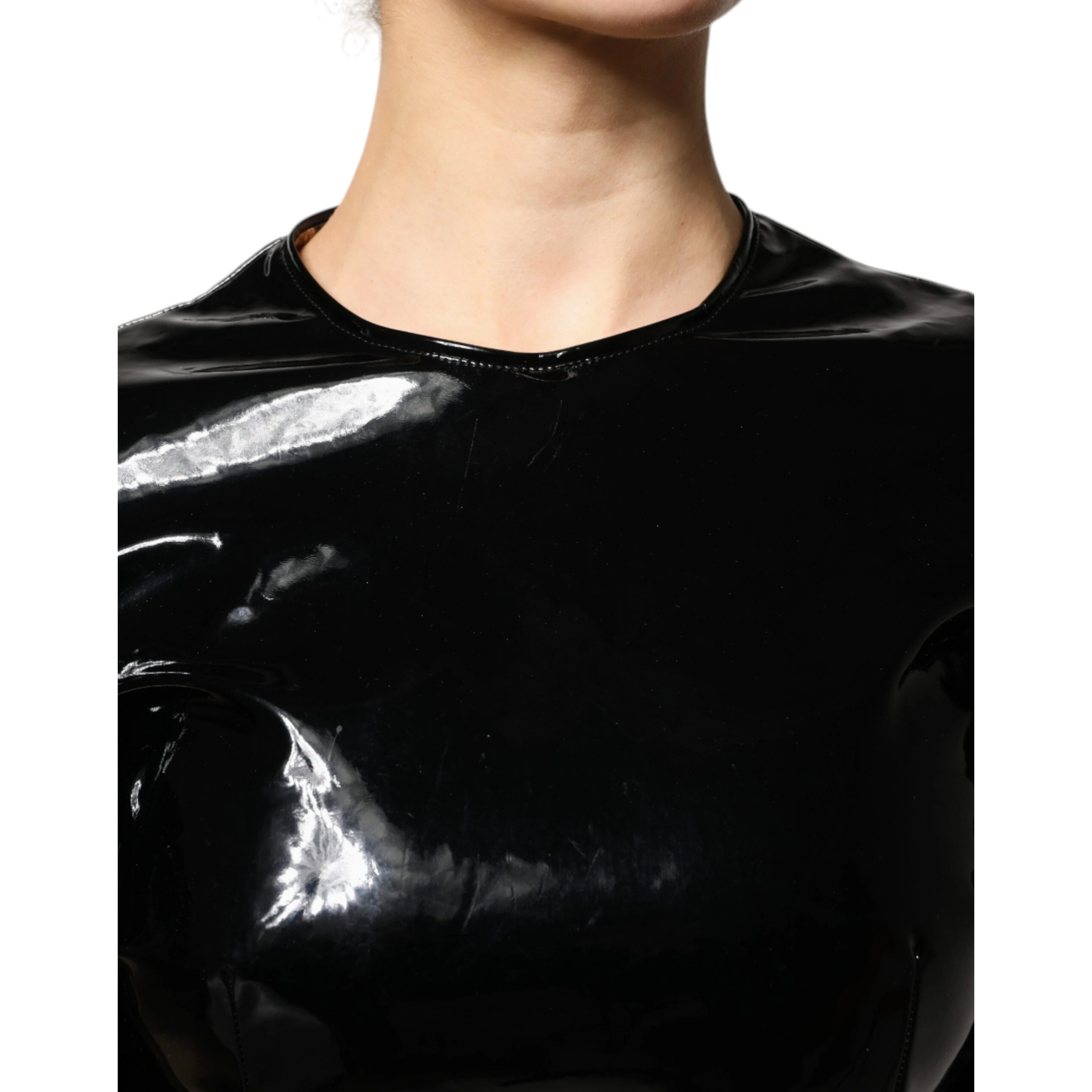 Black Patent Leather Puff Sleeves Mini Dress