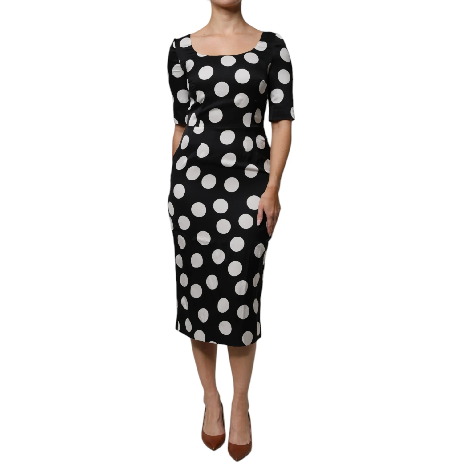Black White Silk Polka Dots Sheath Midi Dress