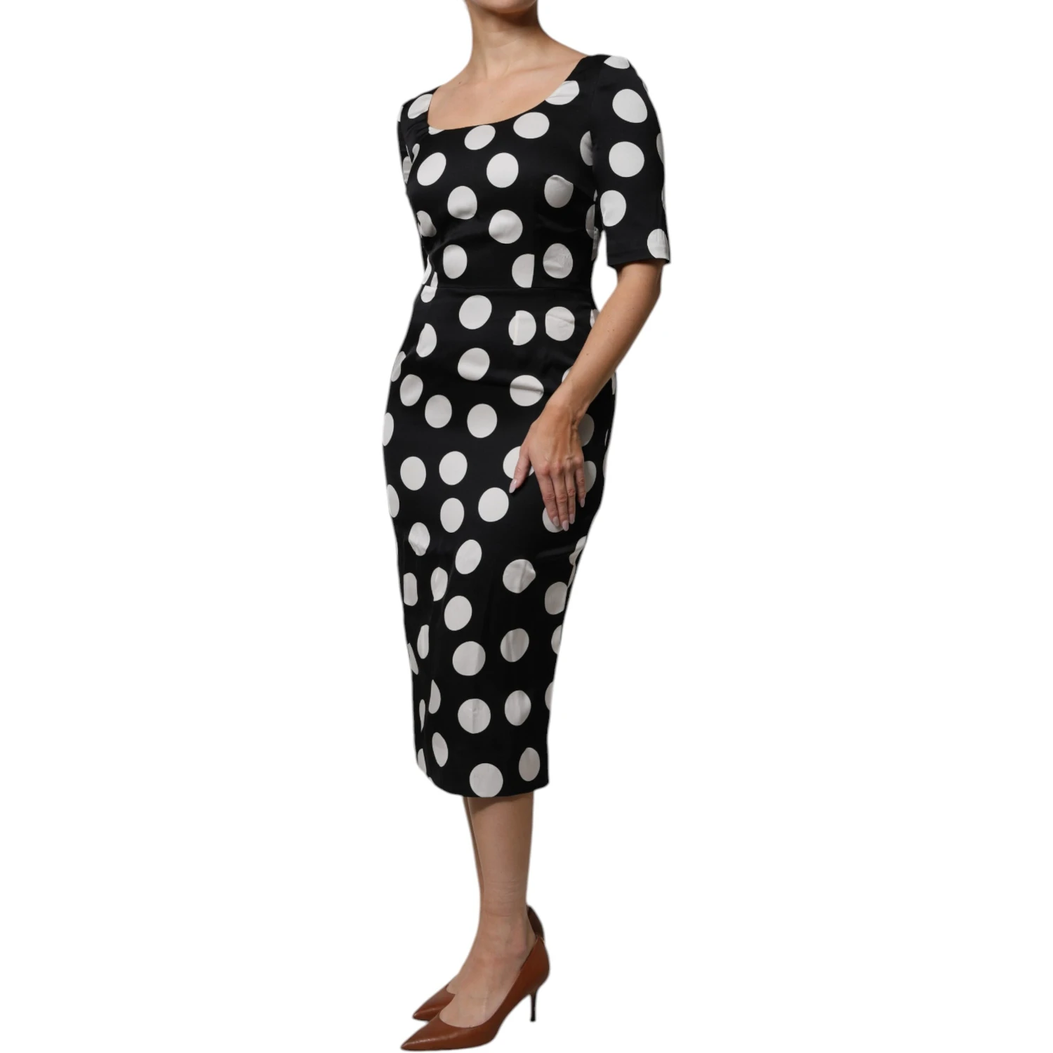 Black White Silk Polka Dots Sheath Midi Dress