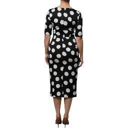 Black White Silk Polka Dots Sheath Midi Dress