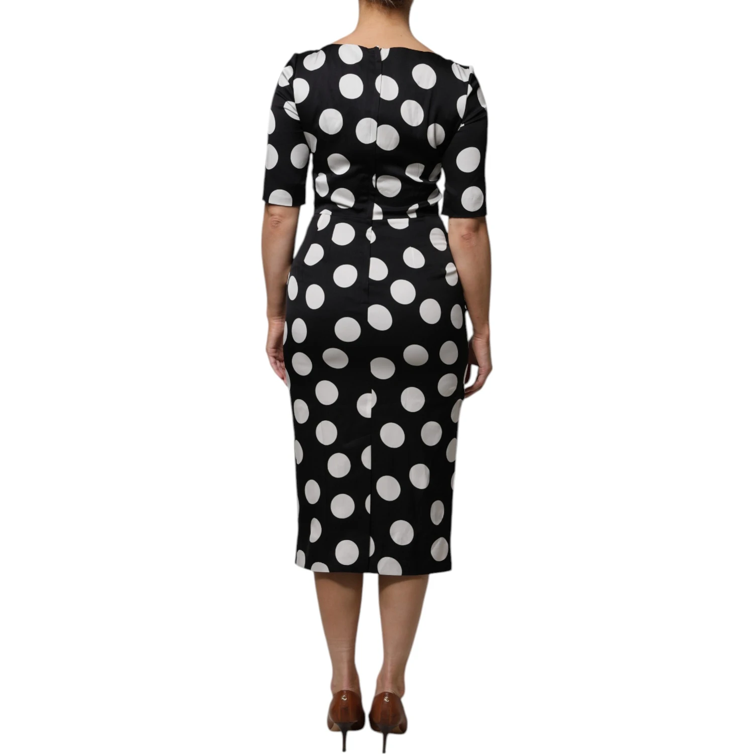 Black White Silk Polka Dots Sheath Midi Dress