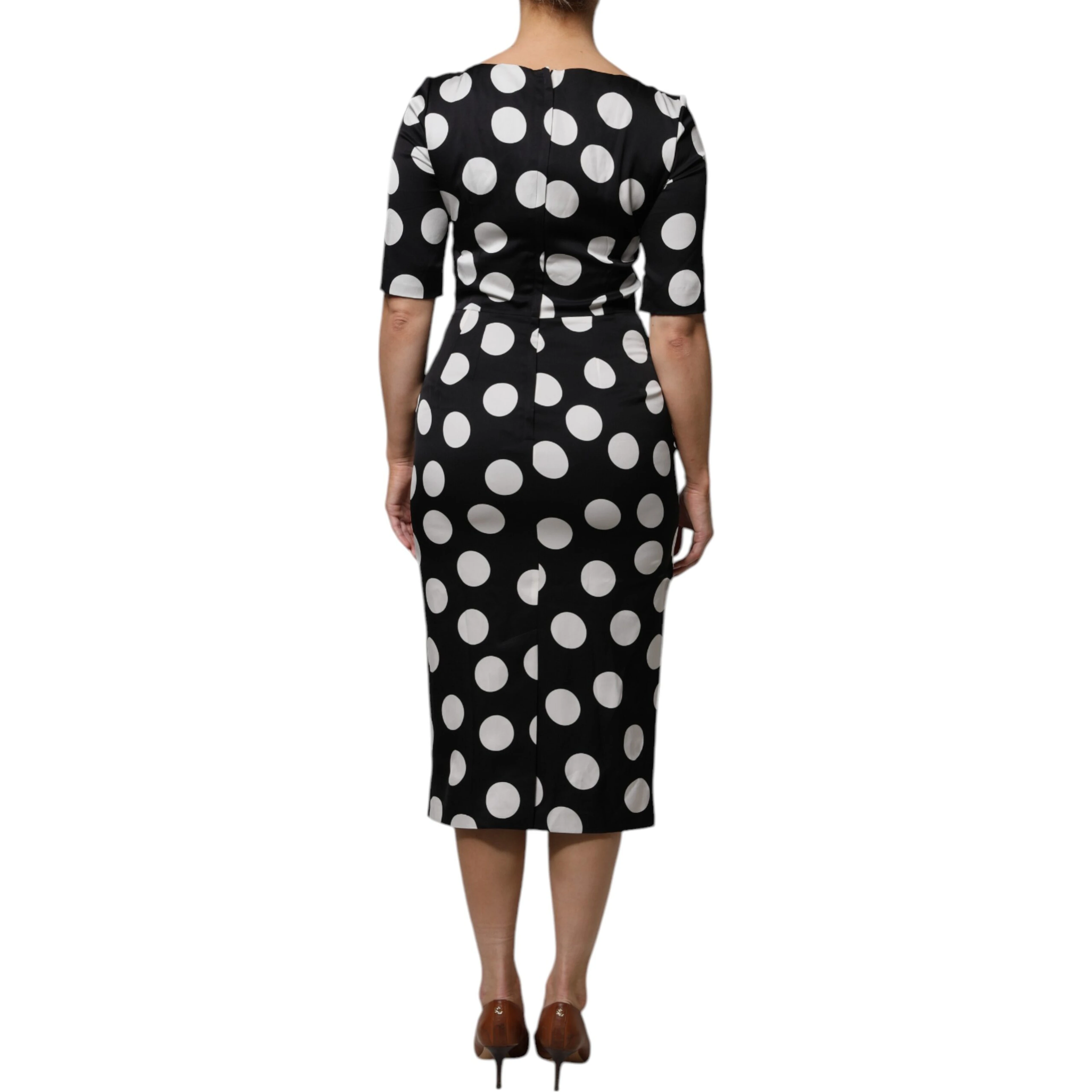 Black White Silk Polka Dots Sheath Midi Dress