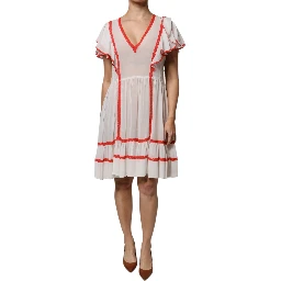 White Viscose Ruffle Sleeves A-line Pleated Mini Dress